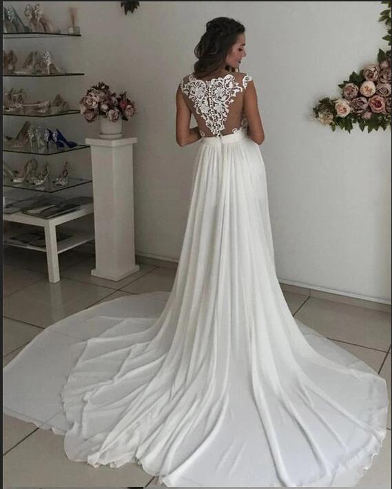 Simple A-line Chiffon Slit Deep V-neck Backless Wedding Dresses, FC255 –  Dairy Bridal