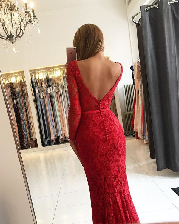 Chic Backless Mermaid Prom Dresses Long Red V-Neck Sleeveless Evening –  Ballbella