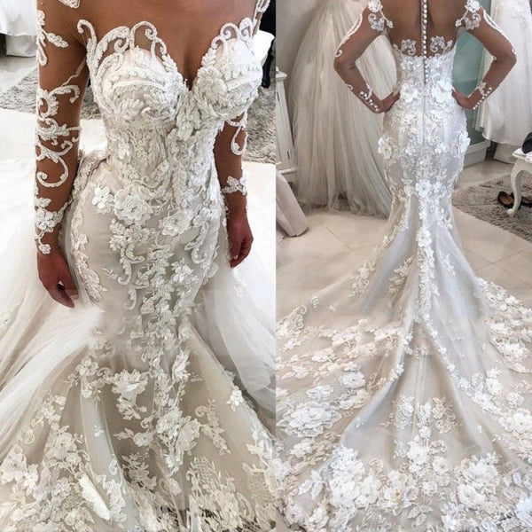 Champagne Ivory Detachable Train Lace Mermaid Wedding Dress With Pearls,  Sashes, Lace Applique, And Sheer Neckline Fashionable Bridal Gown 2019 From  Lovemydress, $130.11