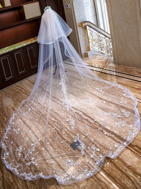 White Waterfall Wedding Veils One-Tier Tulle Bridal Veil – Ballbella