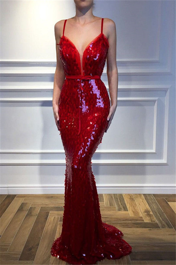 DDreamdressy Red Sequin Fringe V-Neck Lace-Up Back Mermaid Long Prom Dress with Slit Red / US 14