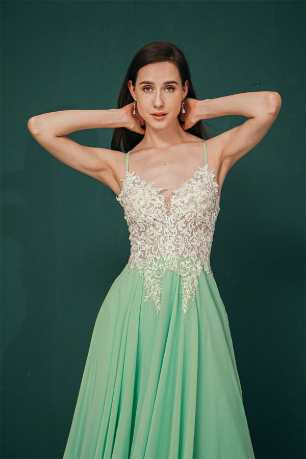 Mint Green Chiffon See-through Off-the-shoulder Lace Evening Dress –  Ballbella