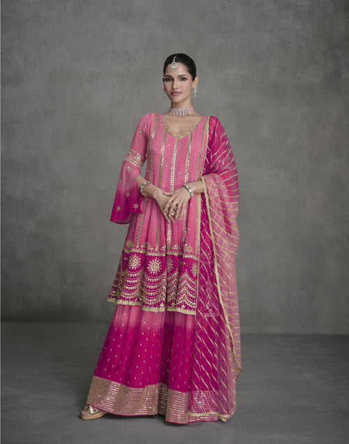 Festive Shaded Pink Georgette Sharara Suit For Engagement Wear