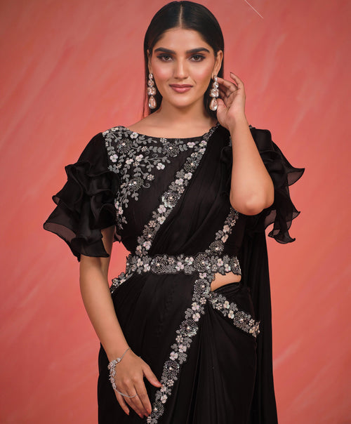 Bachelorette Wear Black Crepe Silk Fusion Sari And Belt | Ready Blouse