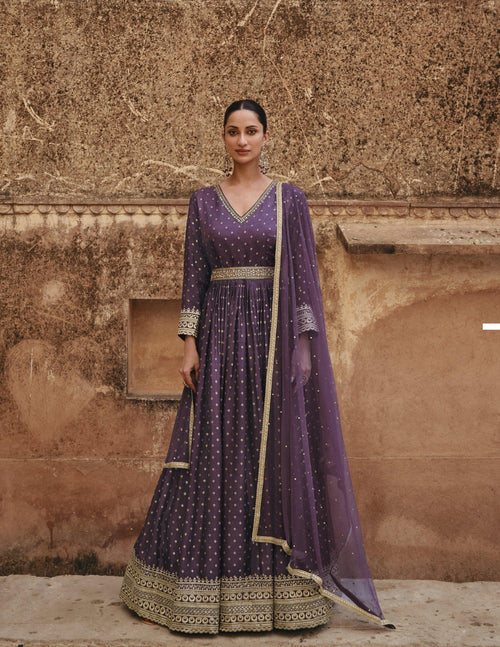 Indo Western Evening Wear Purple Silk Anarkali Gown