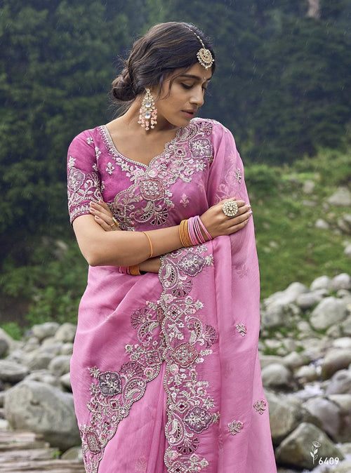 Celebrations Wear Designer Pink Silk Saree