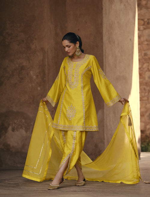 Festive Yellow Silk Ethnic Dhoti Kurta Suit for Haldi Function