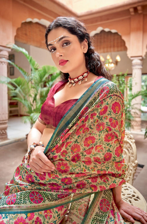 Floral Printed Banarasi Zari Silk Everyday Wear Multi-Colour Saree