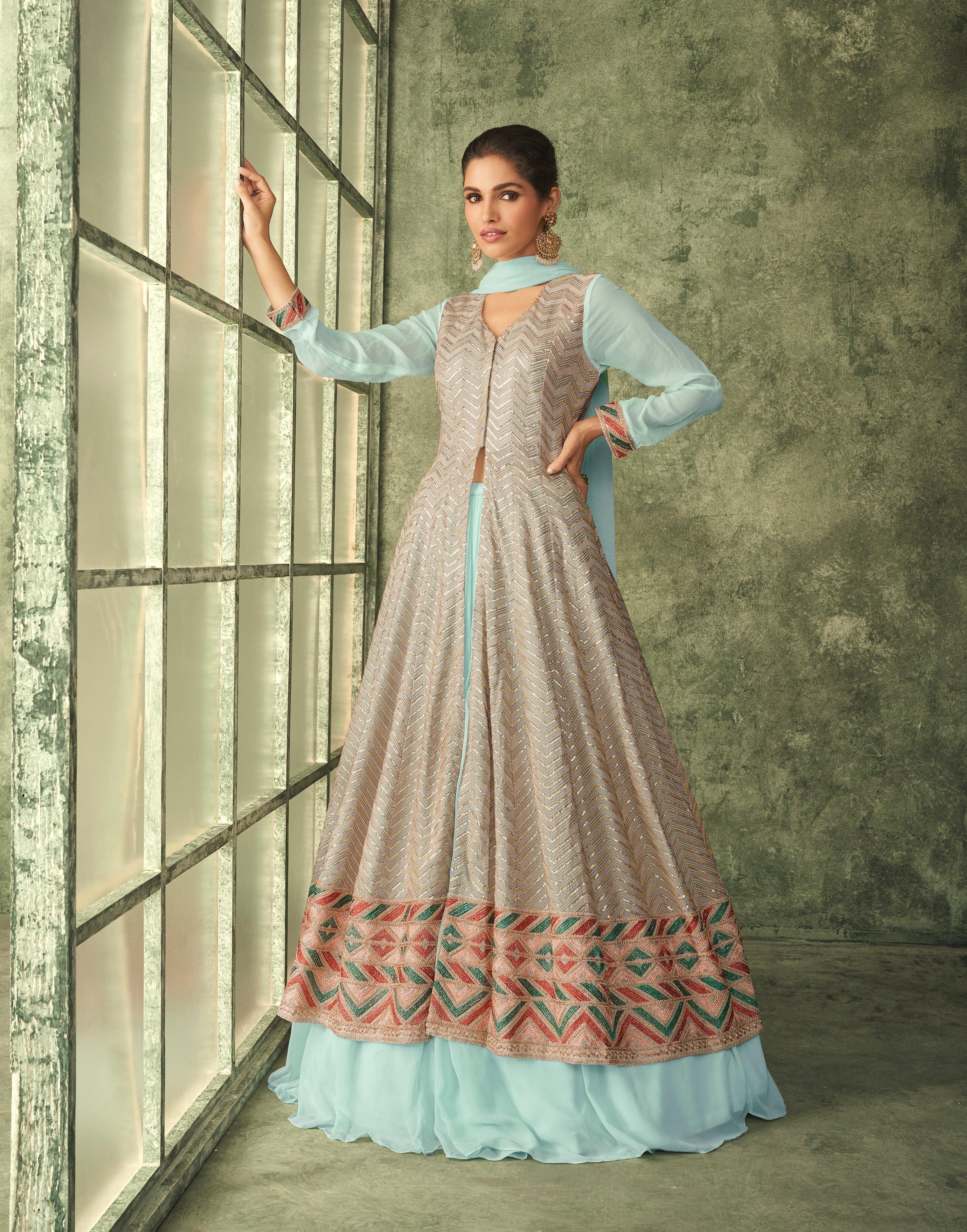 Buy Grey Net Party Wear Anarkali Suit With Skirt Online - LSTV04590 |  Andaaz Fashion