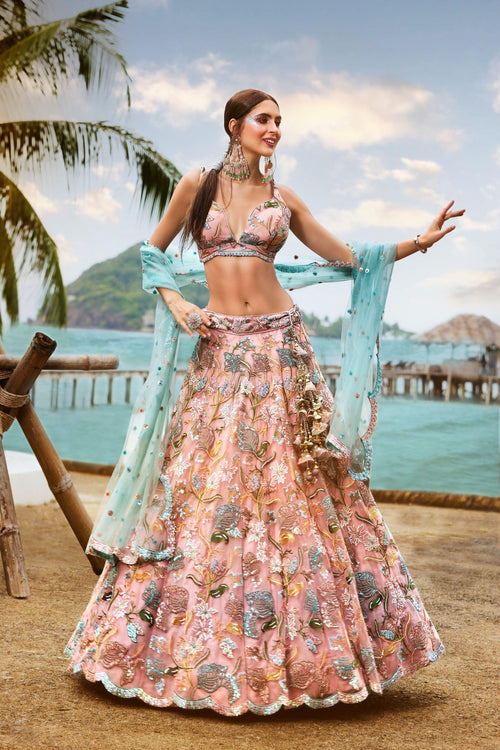 Designer Celebration Wear Peach Net Lehenga Choli