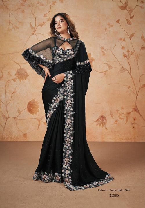 Black Crepe Silk Cocktail Partywear Saree with Poncho