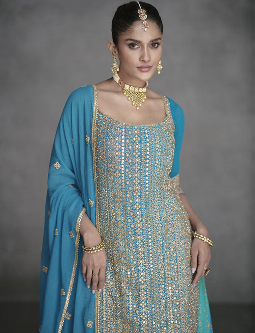 Indian Wear Blue Georgette Sharara Suit | Engagement Special