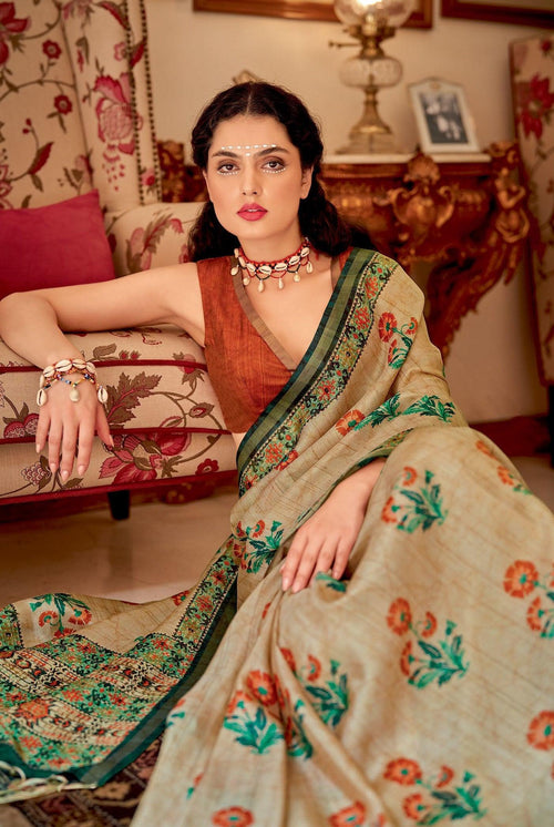 Digital Printed Mughal-Inspired Floral Designs On Banarasi Zari Silk Sari