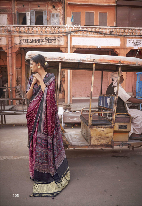 Traditional Bandhani Ajrak Print Maroon Gaji Silk Saree | Sangeet Wear