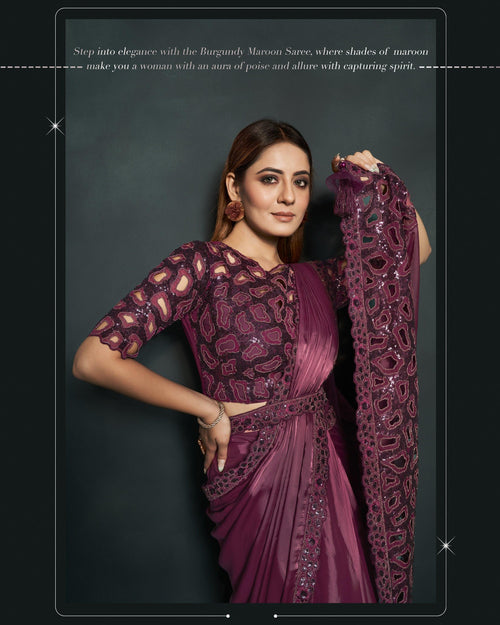 Evening Partywear Crepe Burgundy Sari with Belt