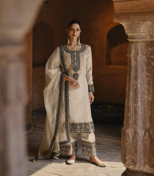 Evening Partywear Ivory Silk Designer Pants Kurta Suit