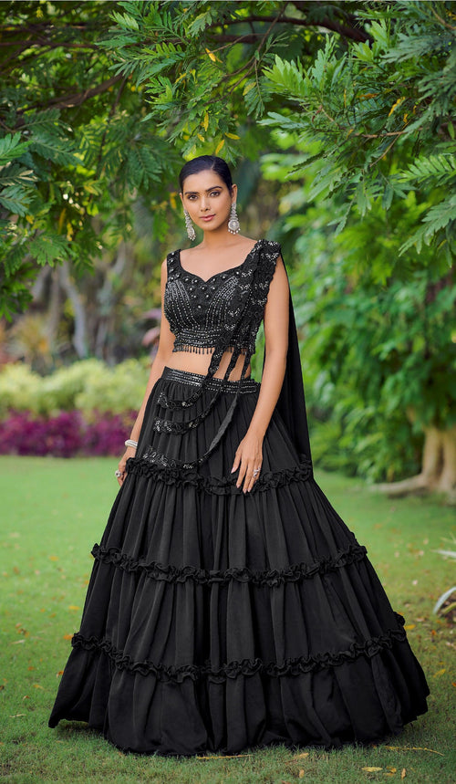 Cocktail Wear Black Silk Tiered Skirt & Crop Top