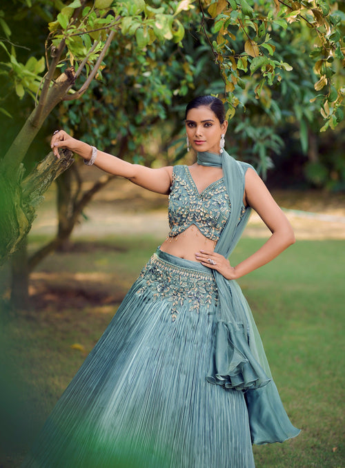 Sangeet Wear Blue Silk Crushed Skirt & Crop Top