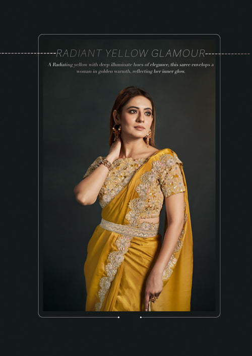 Haldi Wear Organza Crepe Yellow Sari with Belt