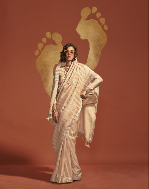 Classic Off-White Handloom Silk Stylish Sari For All Occasion