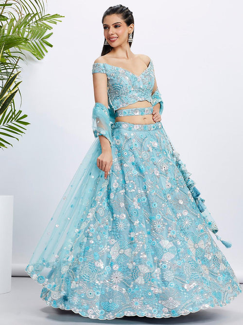 Afternoon Partywear Sky Blue Organza Designer Lehenga Choli