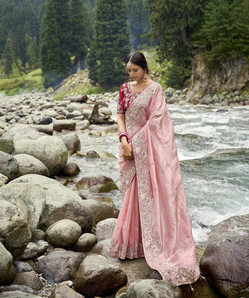 All Occasion Wear Pink Silk Designer Saree