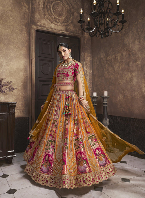 Traditional Multi-Colour Weaving Silk Ghaghra Choli For Wedding Party