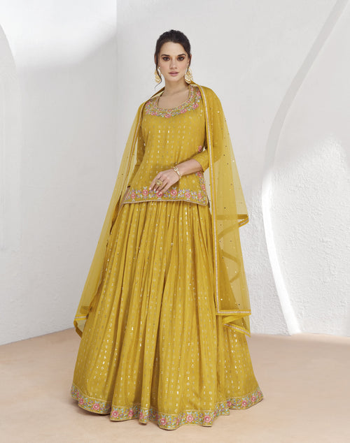 Yellow Georgette Indo Western Long Skirt Top Set For Haldi Partywear