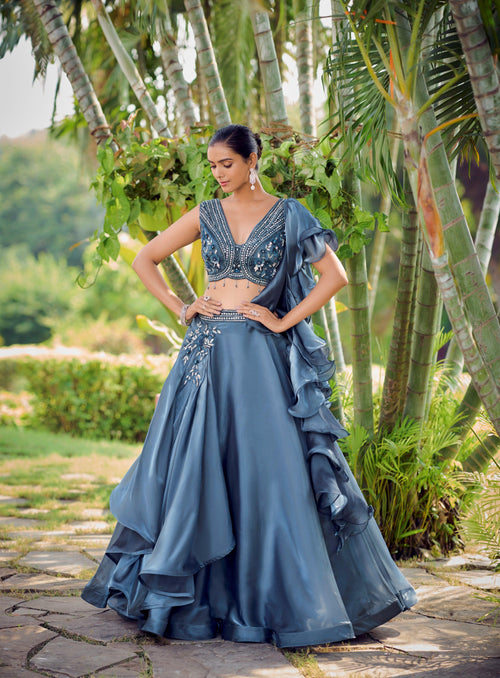 Engagement Wear Blue Silk Layered Skirt & Crop Top Set