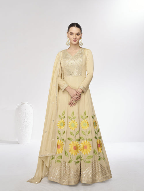 Indian Ethnic Beige Silk Fusion Fashion Ready-To-Wear Anarkali Gown