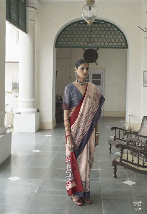 Warli Print Off-White Knitted Silk Heritage Sari | Afternoon Function Wear