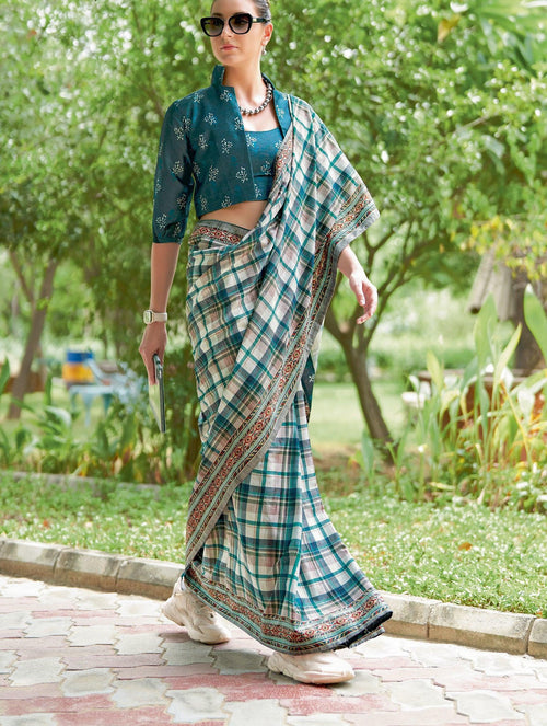 Daily Wear Blue Checks Patterned Silk Stylish Sari with 2 Tops