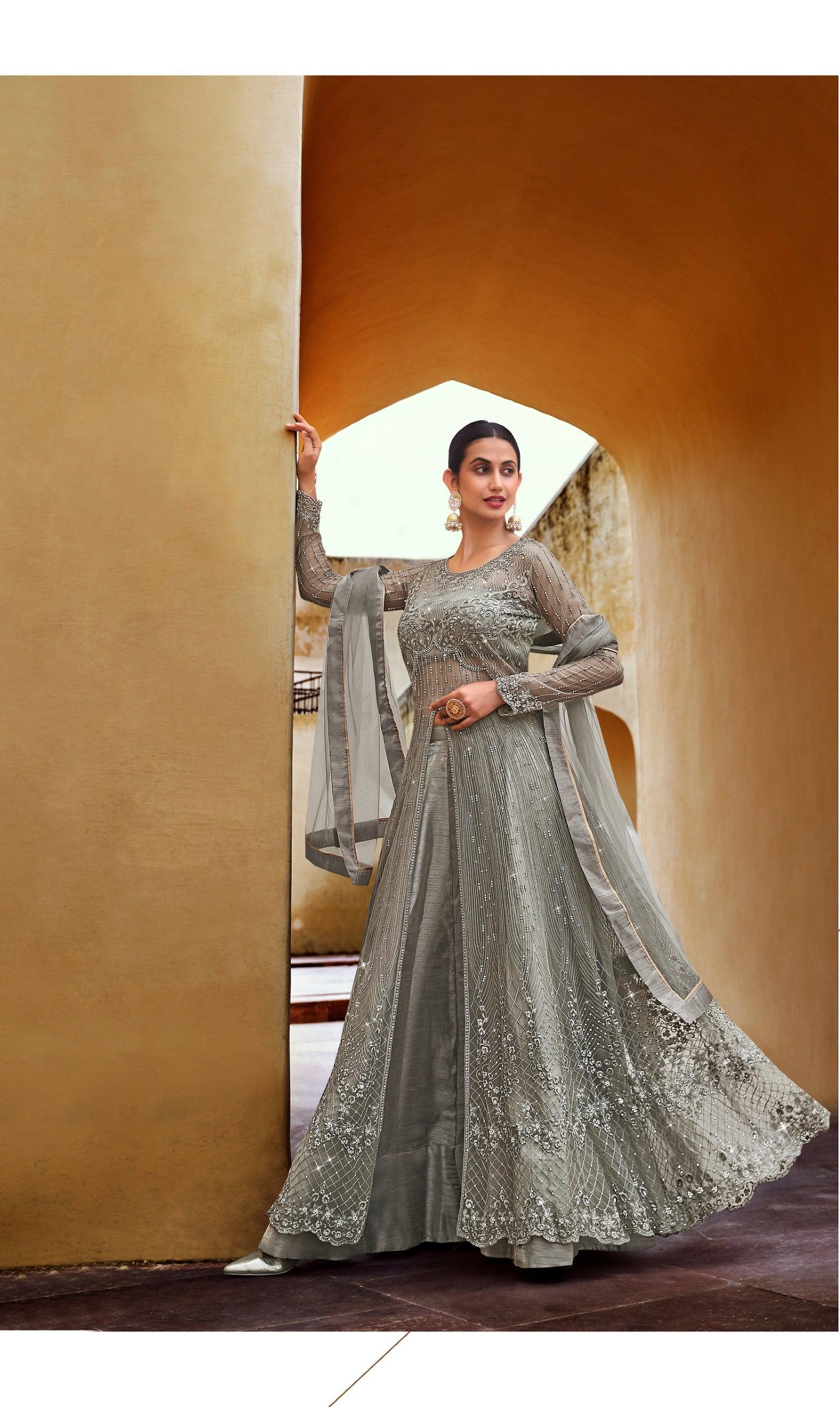 Ash Grey Classic Tulle Gown with Hand-Embroidered Bodice - Seasons India