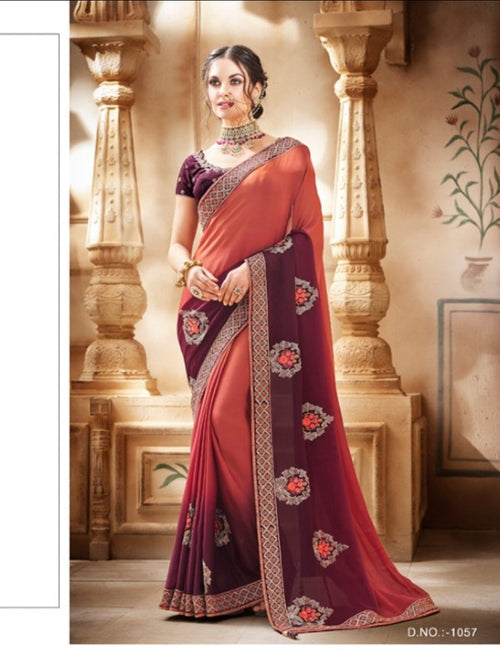 Ethereal Nakkashi NAK1057 Designer Shaded Burgundy Satin Georgette Silk Saree