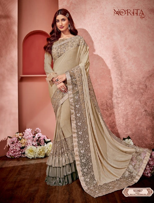 Fantastic MAH10807 Cocktail Wear Beige Grey Weaving Silk Lycra Net Ruffled Saree