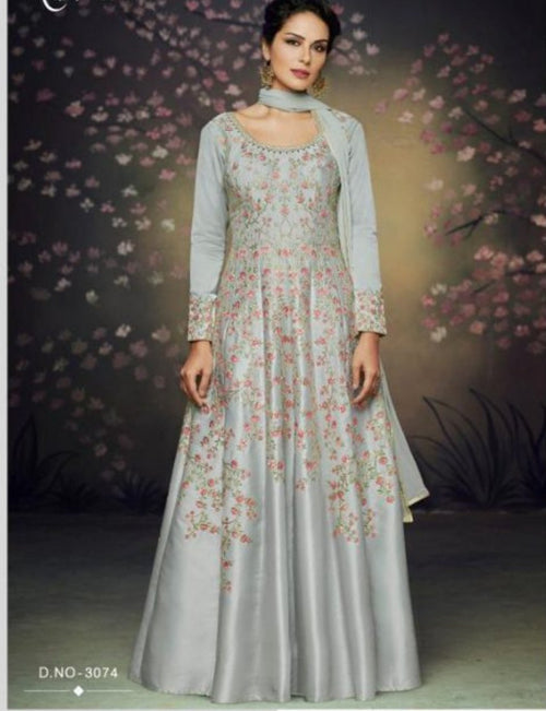 Indo Western NAK3074 Nakkashi Designer Grey Satin Silk Anarkali Gown