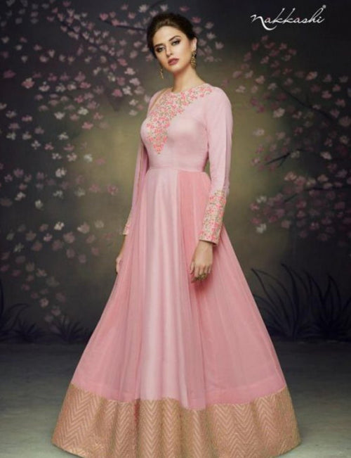 Indo Western NAK3075 Nakkashi Special Pink Satin Silk Anarkali Gown