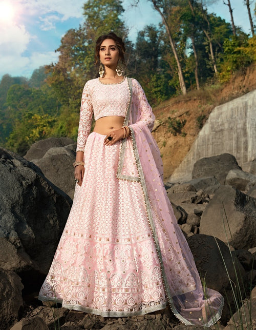 Party Wear Designer Pink Net Lucknowi Lehenga