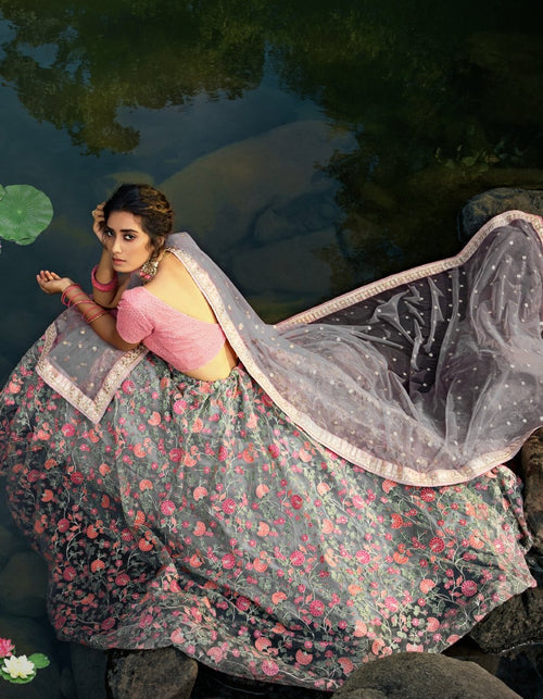 Indian Attire AD3604 Designer Grey Pink Net Lehenga Choli