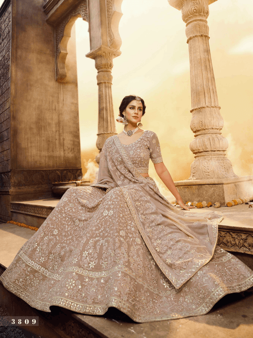 Party Wear Light Brown Georgette Embroidered Lehenga Choli