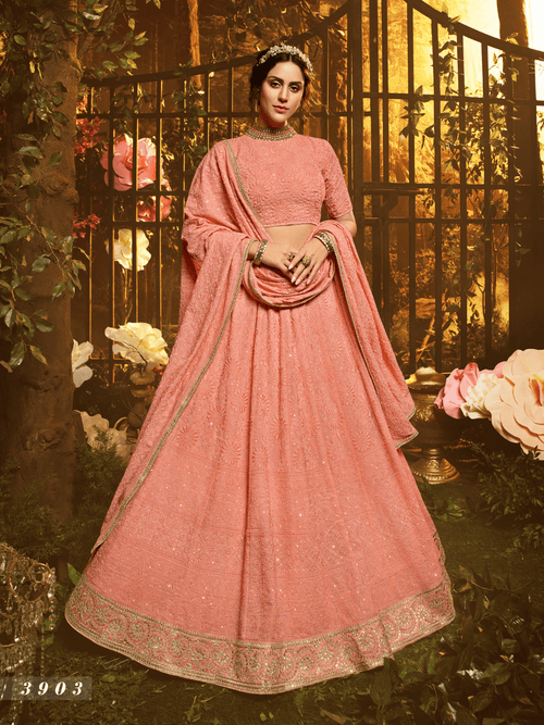 Party Wear Peach Georgette Lehenga Choli