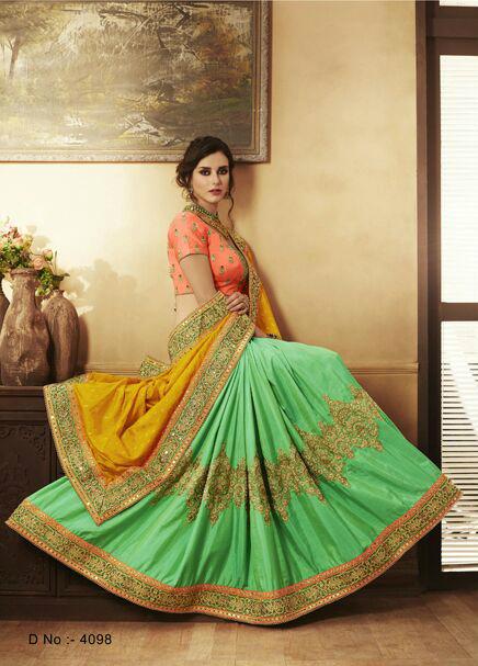 Bridal Orange Silk Jacquard Green Handloom Saree