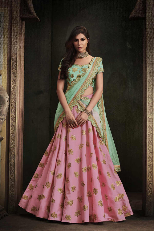 Splendid NAK4111 Bridal Rama Green Peach Satin Silk Net Lehenga Choli