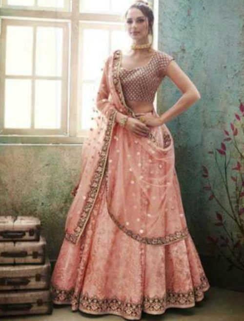 Dainty Nakkashi NAK4148 Bridal Beige Peach Satin Silk Net Lehenga Choli