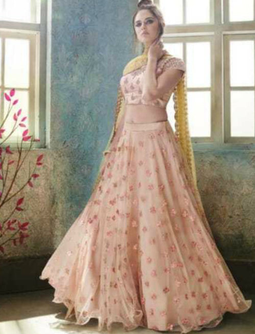 Partywear Peach Satin Silk Net Lehenga Choli