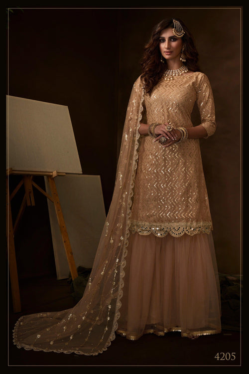 Shaadi Special Beige Net Bridal Wear Sharara Suit