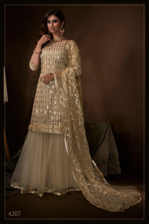 Sangeet Special Beige Golden Net Attractive Sharara Suit