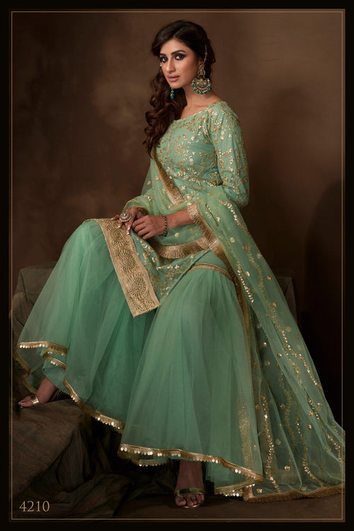 Evening Party Wear Green Net Reception Special Sharara Suit