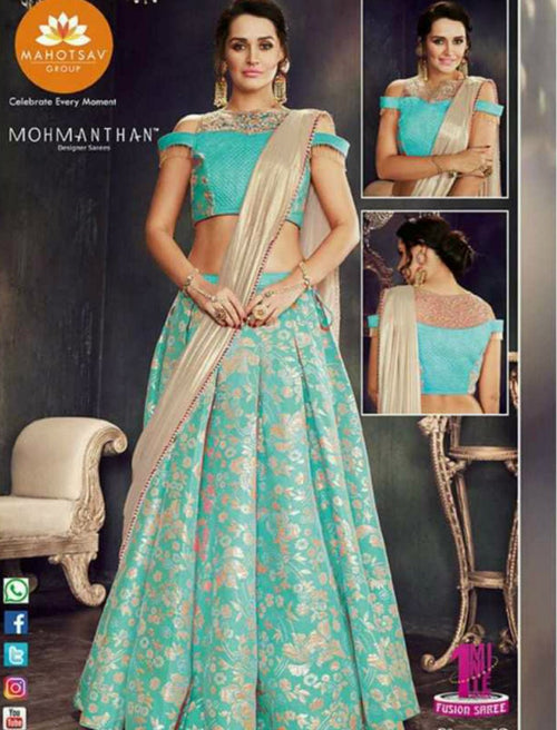 Indo Western MOH4708 Party Wear Blue Beige Silk Lycra Saree Gown