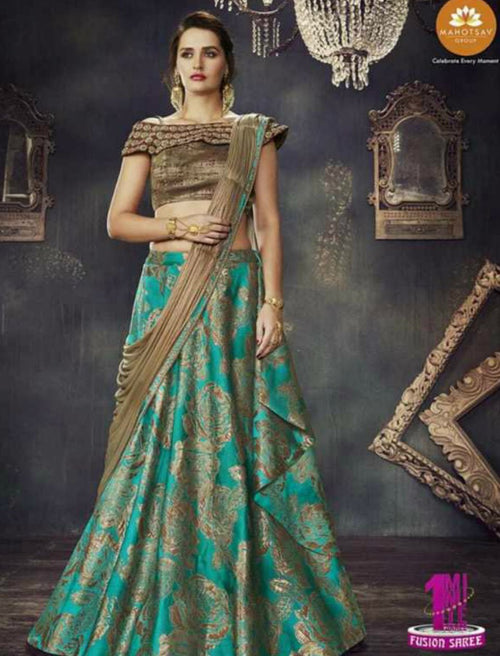 Indo Western MOH4709 Party Wear Turquoise Blue Beige Silk Lycra Saree Gown